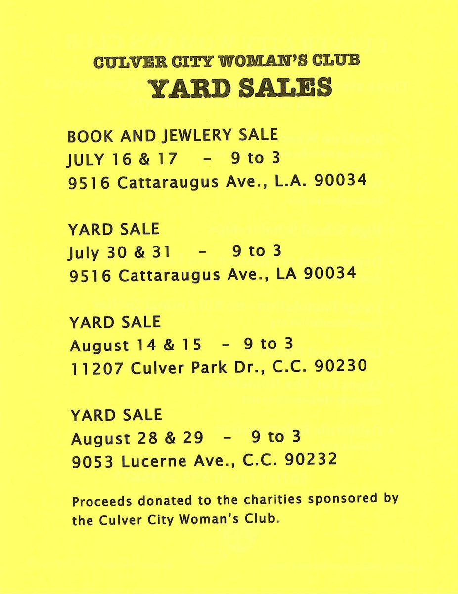 cpmow's tweet photo. Thank you Culver City Woman's Club for all that you do for our #seniors 
We hope you can come buy treasures at the Yard Sales lists. It takes a community to help feed those in need #CPMOW
#thankyou
#makeadifference 
#mealsonwheels
#culverpalms
#NeighborsHelpingNeighbors https://t.co/UxfgJuc7Ap