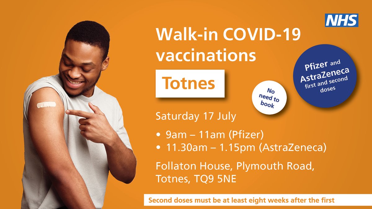 🚶 Walk-in Covid-19 vaccinations in Totnes. Saturday 17 July. No need to book!

👉 9-am - 11 am (Pfizer)
👉 11.30am - 1.15pm (AstraZeneca)
👉 Follaton House, Plymouth Road, Totnes, TQ9 5NE

Important: 👀 Second doses MUST be at least eight weeks after the first.

#SHDC #Covid