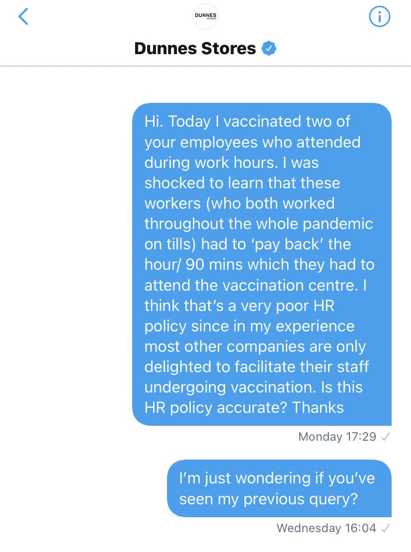 If you think it’s the right thing for grocery stores like @dunnesstores to give their employees who worked through the whole pandemic reasonable (paid) time off to receive their #COVID #vaccine - please let them know. #VaccinesWork #ForUsAll #DeltaVariant