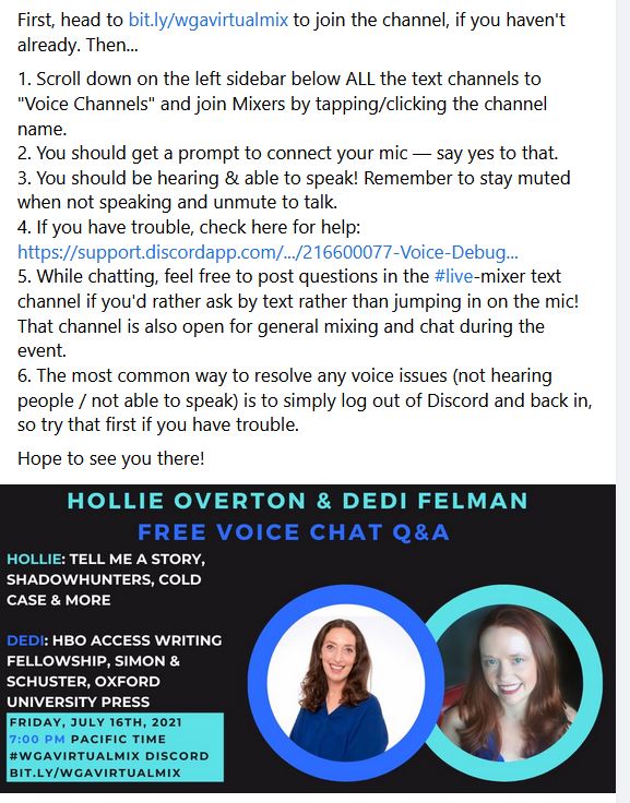 GenreMasters's tweet photo. So @hollieoverton and @dediaf (Genre Masters, that's us!) are chatting with @jelenawoehr tonight at 7 PM over at #WGAVirtualMix. Come join us!!
#publishing #screenwriting #amwriting #books #tvwritin #amwriting https://t.co/K1dKOWpRlK