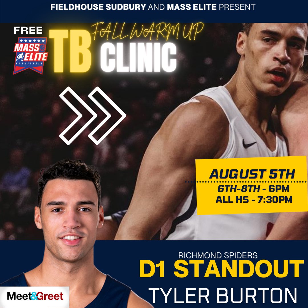 Mass Elite (@masselitehoop) on Twitter photo Very excited to be offering a free clinic on August 5th <a href="/fieldhouseSP/">Fieldhouse Sudbury</a> featuring former Mass Elite player and D1 standout <a href="/Tyler_Burton1/">tyler burton</a>. This is a can’t miss event and will be free to all players who have played for us within last 12 months or live within 15 minutes of Sudbury Very excited to be offering a free clinic on August 5th <a href="/fieldhouseSP/">Fieldhouse Sudbury</a> featuring former Mass Elite player and D1 standout <a href="/Tyler_Burton1/">tyler burton</a>. This is a can’t miss event and will be free to all players who have played for us within last 12 months or live within 15 minutes of Sudbury