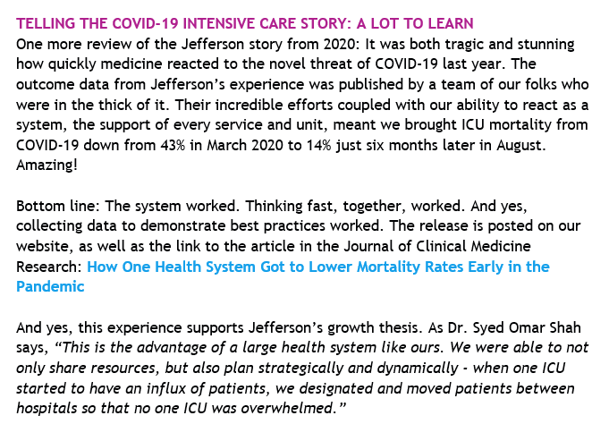 JackJalloMD's tweet photo. Proud to see @sklasko's nod to the fine work done by @omarshahmd on #COVID19 mortality rates.  He discusses the advantages of a large health system like @JeffersonUniv in this article: https://t.co/h0JiDNPfAj https://t.co/EKnBkk1vZy