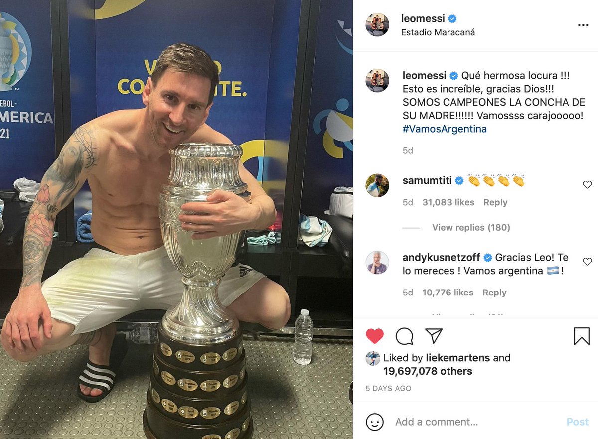 total Bar&ccedil;a on Twitter: "Almost 20 million likes on Instagram, a record for  a football post. [@messi10_rey]&hellip; "