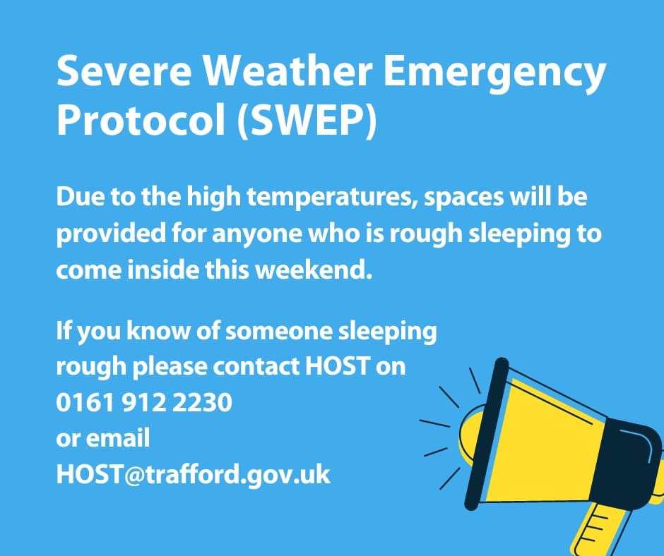 BIG respect to #Trafford 
We MUST get people in NOW under #swep guidelines with this upcoming extreme HOT severe weather 
More people experiencing homelessness die on our streets in the summer than in winter... 
ALL councils must call it NOW
#SWEP #NoMoreDeathsOnOurStreets