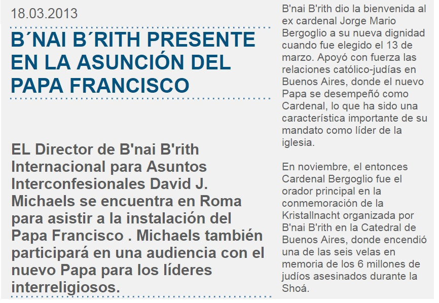 Jadouken10's tweet photo. Bergoglio es amigo de la Logia B'nai B'rith.

Esta logia es exclusiva para judíos. Solo admiten judíos.

Siendo cardenal, permitió la entrada de la secta en la catedral de Buenos Aires

La B'nai B'rith felicitó a Bergoglio cuando fue proclamado Papa. https://t.co/JcGEFNlDlq