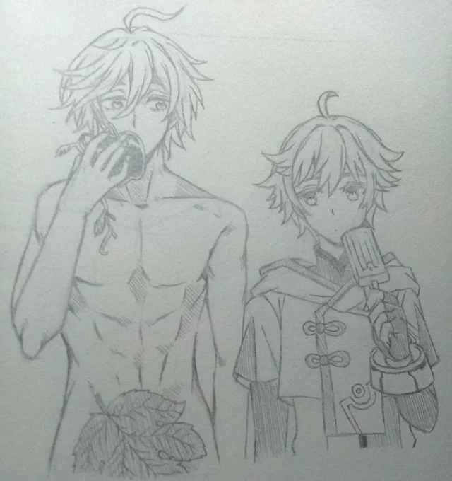 Some doodles from sketchbook
Record of Ragnarok x Genshin (Adam &amp; Chongyun are both voiced by Saito Soma)
Xingqiu (tried to use nankin orz)
My husband 
