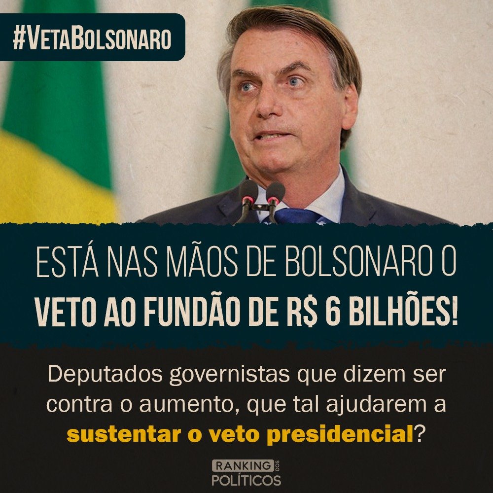 RankPolitico's tweet photo. A questão é simples:

Basta que os deputados bolsonaristas, que dizem ser contra o aumento do Fundão Eleitoral, peçam VOTAÇÃO NOMINAL no veto presidencial.

Assim, o povo poderá saber quem é contra e quem é a favor deste absurdo.

Será que podemos contar com eles?

#VetaBolsonaro https://t.co/YtRx4nxKci