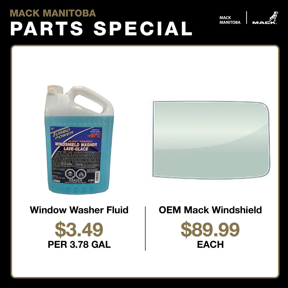 MackManitoba's tweet photo. ✨ WINDSHIELD SPECIALS ✨ Stop by #MackManitoba &amp; grab a jug of #TurboPower All Season Window Washer Fluid or a brand new OEM Mack Windshield - ALL ON SPECIAL THIS MONTH! 🥳🙌 Call 204-772-0317 for details ☎️ #MackTrucks #TruckMaintenance #TruckLove https://t.co/oBY0jmGBCT