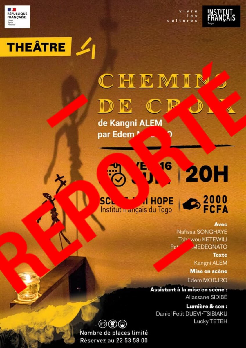 IFTogo's tweet photo. l'@IFTogo est dans le regret de vous annoncer le report du spectacle « chemin de croix » initialement prévu pour ce vendredi soir à cause de perturbations météorologiques. 

La nouvelle date du spectacle vous sera annoncée dans les prochaines heures. https://t.co/aWXuJPURAC