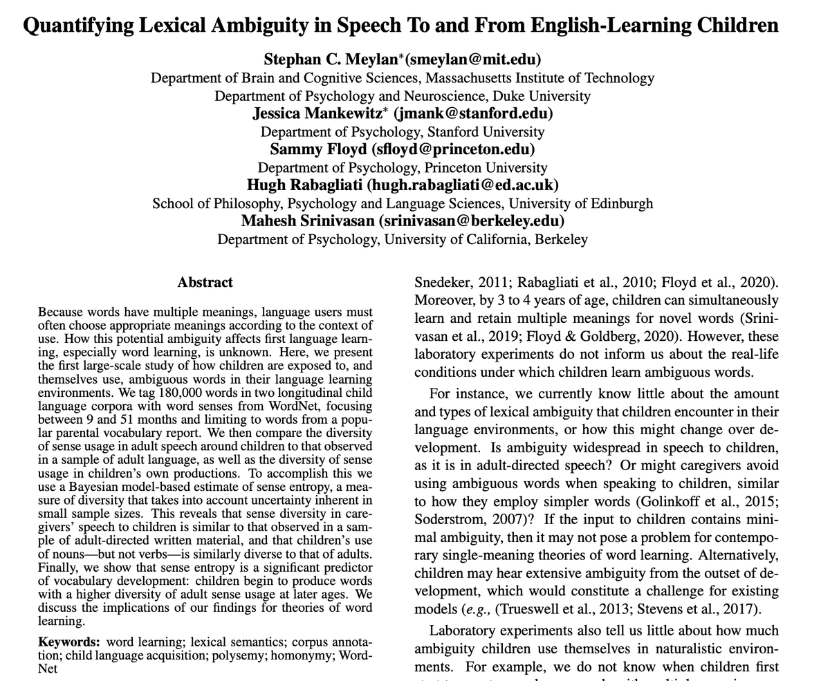 jmankewitz's tweet photo. (1/8) Language is full of ambiguity; how much is there in early childhood environments? In our #CogSci2021 paper we (@StephanMeylan, Sammy Floyd, @hugh_rab, Mahesh Srinivasan) present newly sense-annotated corpora &amp; model based estimates of sense entropy! https://t.co/GWLClTalMa https://t.co/g57F1rEeBA