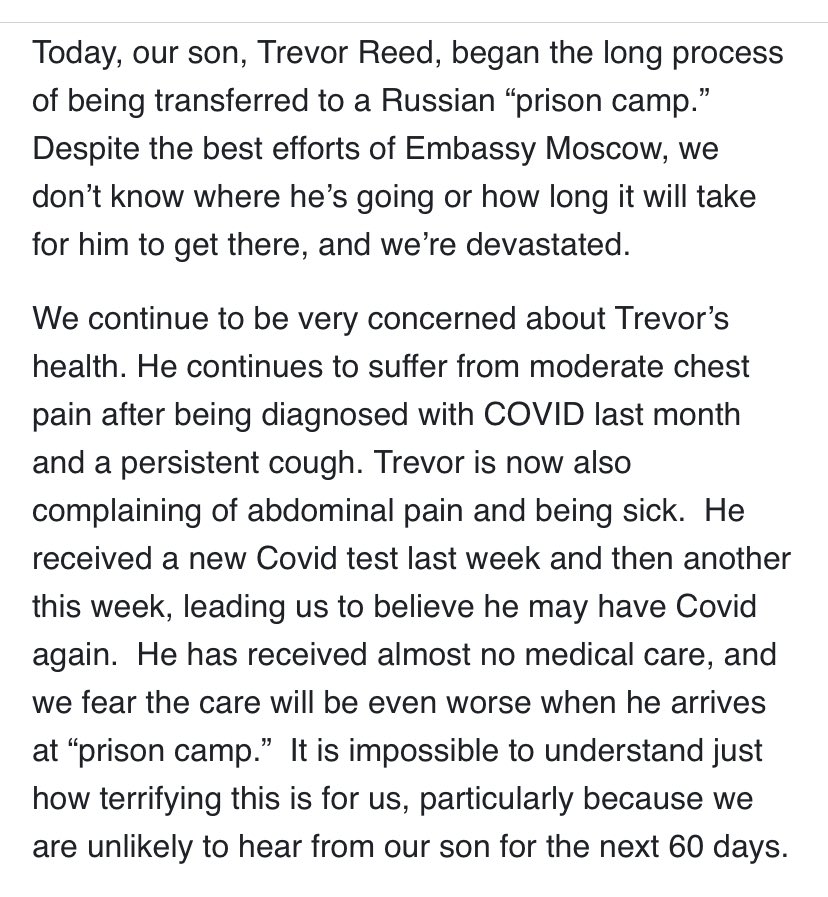 NatashaBertrand's tweet photo. The family of US citizen Trevor Reed says today he “began the long process of being transferred to a Russian ‘prison camp.’ Despite the best efforts of Embassy Moscow, we don’t know where he’s going or how long it will take for him to get there, and we’re devastated.” https://t.co/Sv1PZLvLel