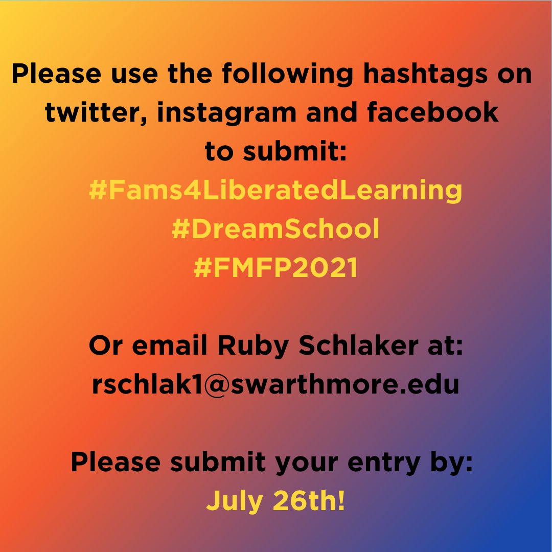 FMFPconference's tweet photo. In case you missed today’s kickoff event for #Fams4LiberatedLearning, here are the details for how to participate! Don’t forget use the hashtags #Fams4LiberatedLearning & #DreamSchool when you post your work so we can share back what you dream up at the #FMFP2021 Closing Circle! https://t.co/sdO4QtoUXR