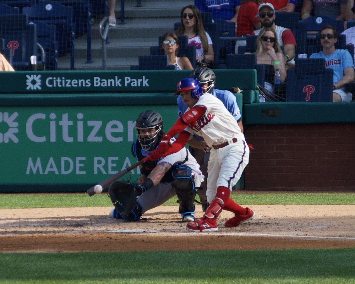 Just being a fan today. But I’m still shooting! 📷⚾️❤️ Phillies third baseman Ronald Torreyes (74) cracks a shot straight up the middle for an RBI in the 3rd inning against the Miami Marlins. #Phillies #RingTheBell
