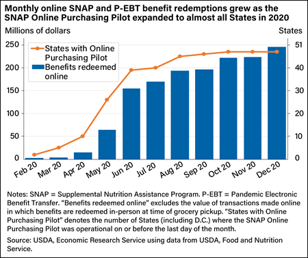 Monthly online SNAP and P-EBT benefit redemptions grew as the SNAP Online Purchasing Pilot expanded to almost all states in 2020. 