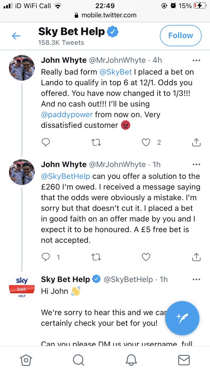 nd_geography's tweet photo. @SkyBetHelp I placed a bet on Lando Norris at 12/1 but then you changed my betslip odds to 1/3 after it was put on. Thus instead of £65 returns I only received £6 returns. This is shocking customer service, any bets placed must be honoured. https://t.co/S0xghGMnby
