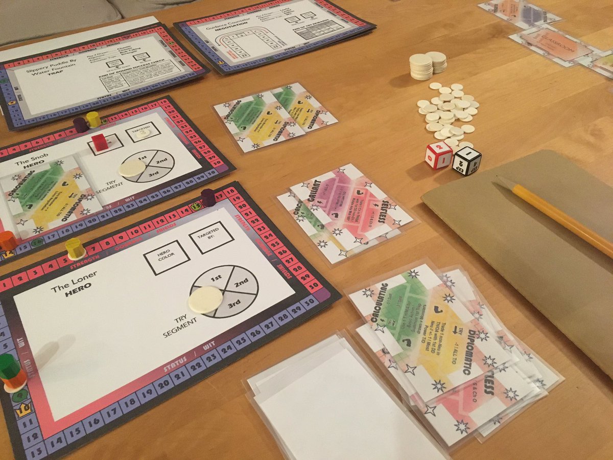 CardboardProf's tweet image. Me: I can make an 18 card RPG.
My 80 card prototype replete with dice, player boards, and an entire craft store’s worth of bits and bobs: HAHAHAHA