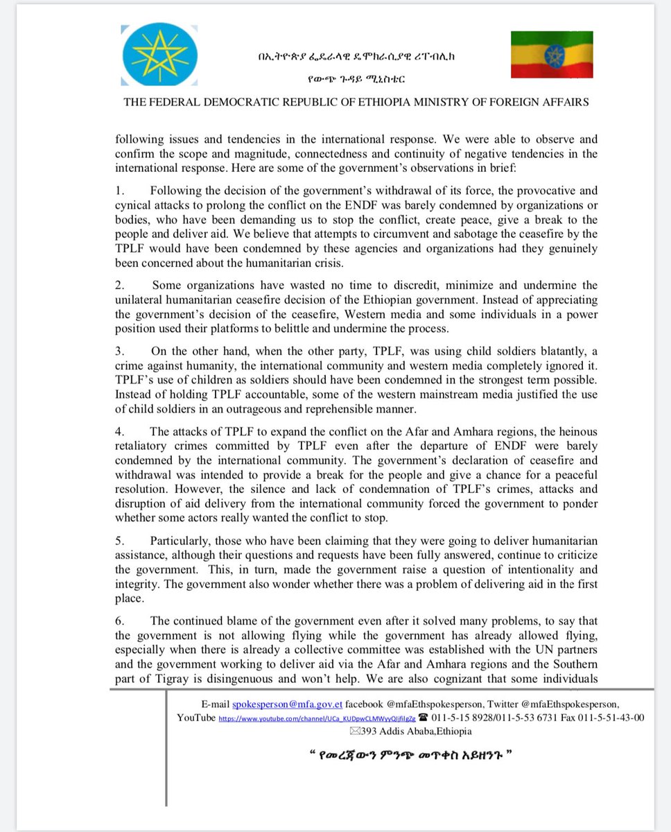 MFAEthiopia's tweet photo. Government Statement on factors that stall the unilateral humanitarian ceasefire and the way forward as presented by State Minister H.E. Ambassador @RedwanHussien on July 15, 2021 (Translated from Amharic) #Ethiopia https://t.co/2Ky0M56HER