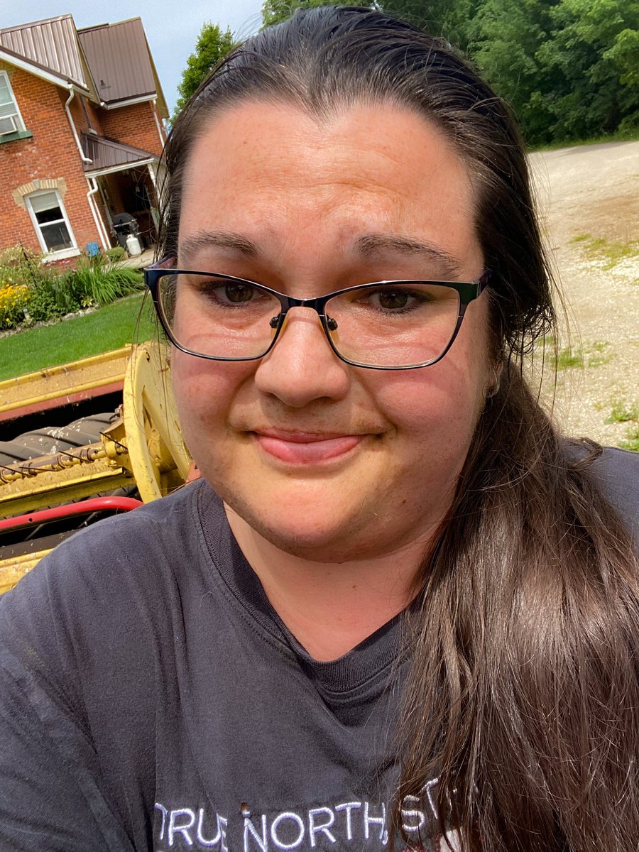 esta_kelly's tweet photo. So, literally blood sweat and tears but I got the haybine hooked on and ready to go by myself and knocked down a few acres today with my best little helper. Please Mother Nature be nice, just let us make it till Monday #balage #ontag #firstcut #somuchrain #moist https://t.co/fvXXWGGR3V