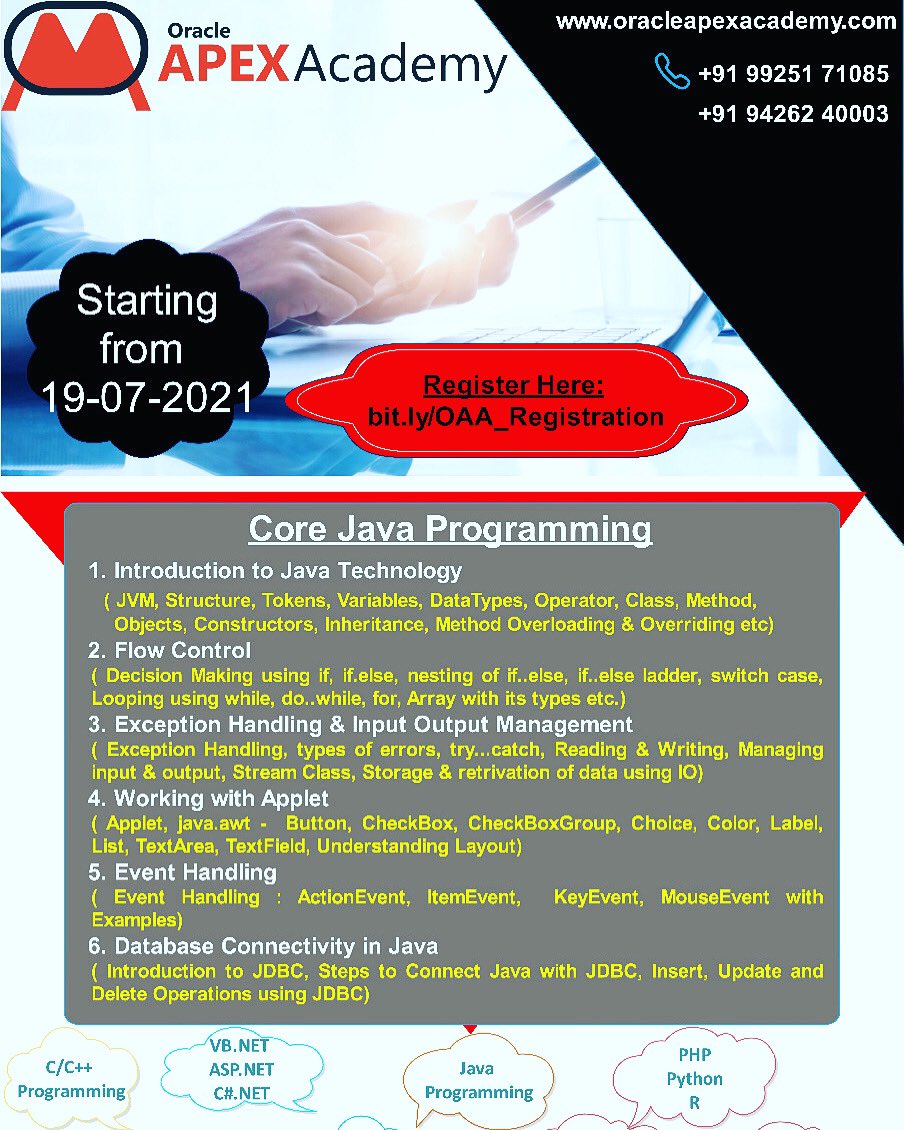 orclapexacademy's tweet image. Get familiar with #corejava programming. New batch starting from  19-07-2021. Register here : bit.ly/OAA_Registrati… #education @java