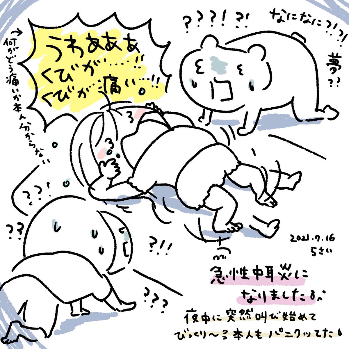 深夜の急性中耳炎。
侮るなかれ…鼻風邪…😱久しぶりに0088使ったわ〜☎️💦
#育児漫画 #育児イラスト 