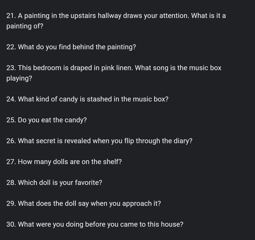 JoeSondow's tweet photo. I made a "1 like = 1 answer" thing, but with a slightly different approach. I'd like to see some other people give it a try before I post my answers.

Content warning: mild horror tropes 🏚
#1Like1Answer https://t.co/ZAH3BCOF1l