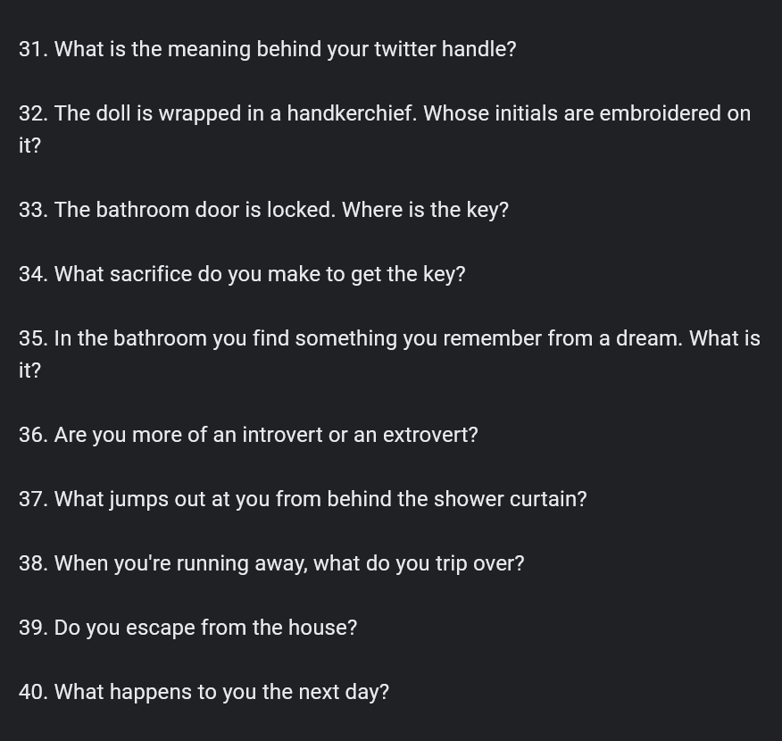 JoeSondow's tweet photo. I made a "1 like = 1 answer" thing, but with a slightly different approach. I'd like to see some other people give it a try before I post my answers.

Content warning: mild horror tropes 🏚
#1Like1Answer https://t.co/ZAH3BCOF1l