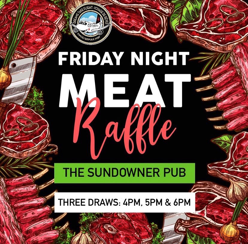 DreamsYVR's tweet photo. 🥩🍗 MEAT RAFFLES ARE BACK! 🥓🍖
Dream Team volunteers will be @TheSundownerPub on Friday’s for a meat raffle with proceeds supporting Dreams Take Flight! There are three draws: 4pm, 5pm &amp; 6pm. 

📍Sundowner Pub: 11970 64 Ave, North Delta
✨Dream Team onsite: July 16, 23, 30 https://t.co/CfaiMfSpic