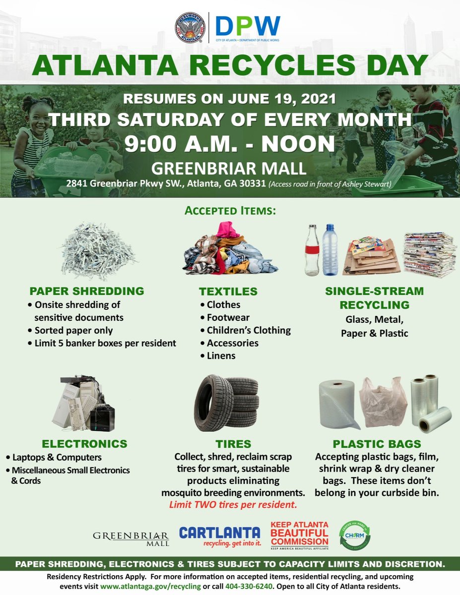 ATLPublicWorks's tweet photo. #Atlanta Recycles Day is BACK!  Head to Greenbriar Mall to get rid of  hard to recycle items.  #HappyRecycling #ATLRecycleRight #BeautifyATL #KeepATLBeautiful ♻️ https://t.co/Ias1qRtilS