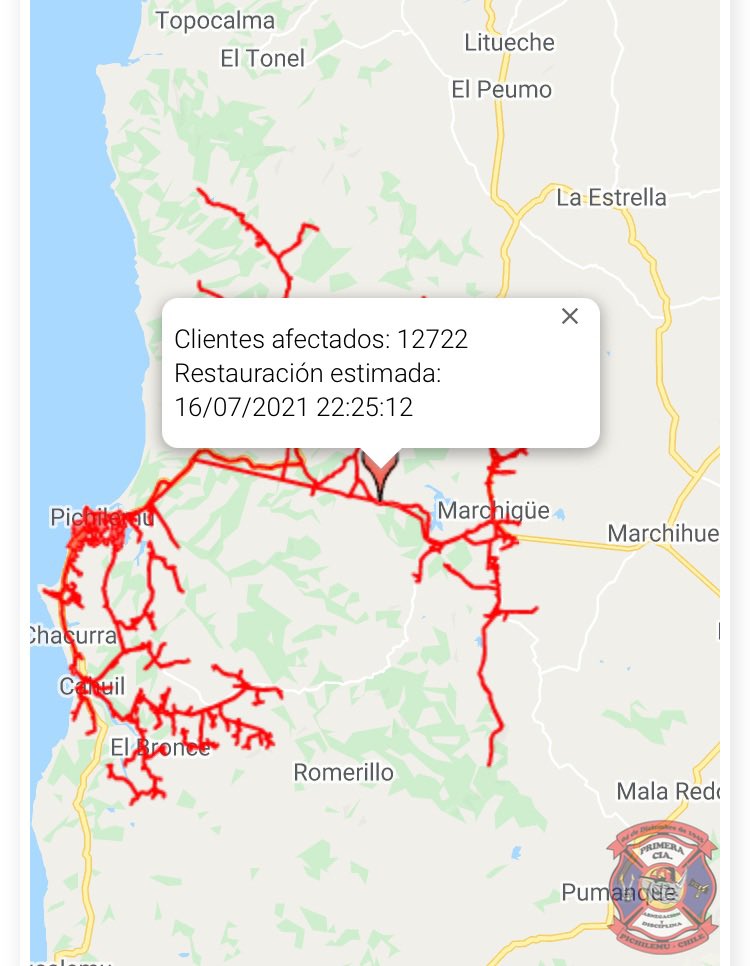1eraPichilemu's tweet photo. 🚨AHORA🚨

Corte de luz afecta a 12.722 clientes en varías comunas de la provincia Cardenal Caro, @CGE_Clientes estima hora de reposición a las 22:25 hrs.

@rre_603_pmu @EntreolasFM @somospichilemu1 @pichilemutvorg @Pichilemualdia @MuniPichilemu https://t.co/FCf3P1wN9X