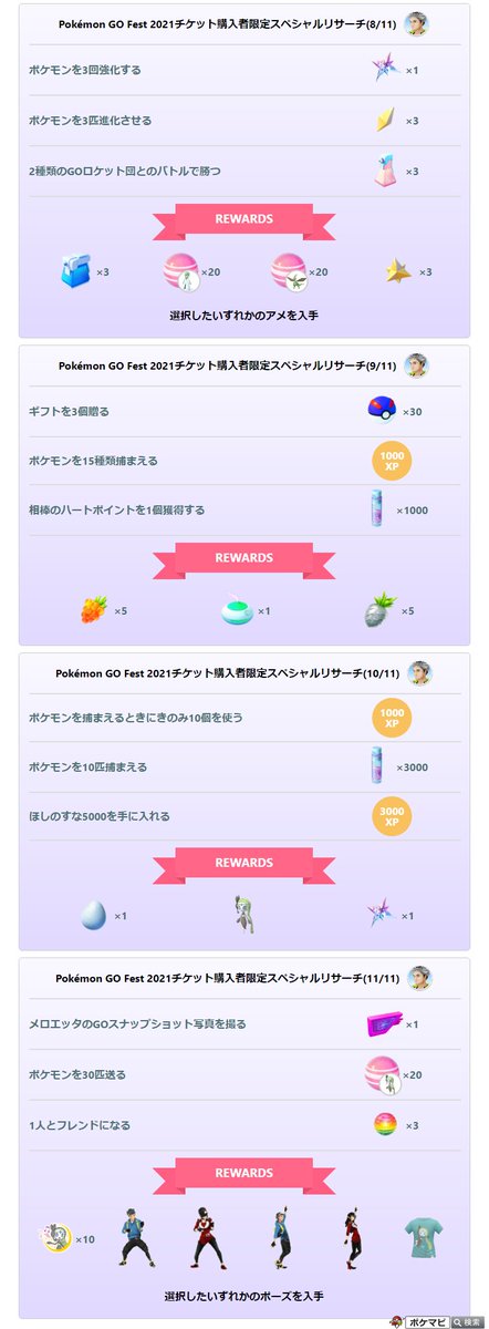 ポケモンgo攻略情報 ポケマピ Go Fest 21限定スペシャルリサーチの内容が確認されています 3回選択があり 選択でリワードポケモンともらえるポーズが変化します 体験できるタスクと報酬は同じです T Co Fljqeztnyh ポケモンgo
