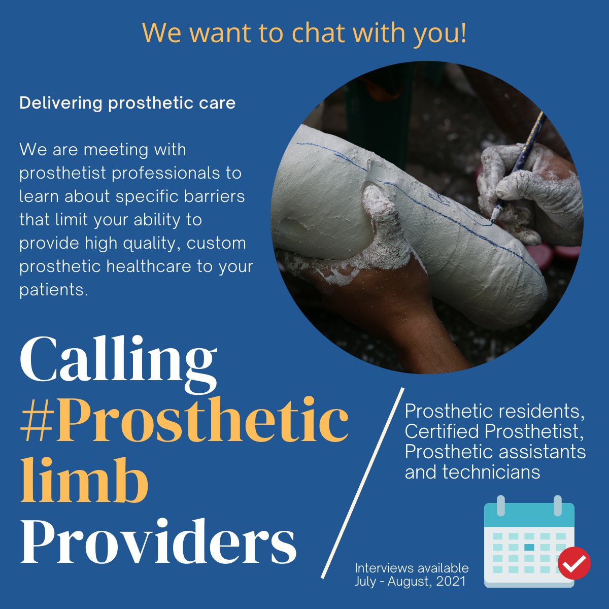 OysMobility's tweet photo. We are meeting with #prosthetists to learn about barriers to providing #prostheticsockets and #prostheticdevices. If you are an active provider of #prostheticdevices, we would love to chat. Please use the following link to our scheduling page. Thank you! 
https://t.co/WFKiQUjmer https://t.co/6lSsI5uni9