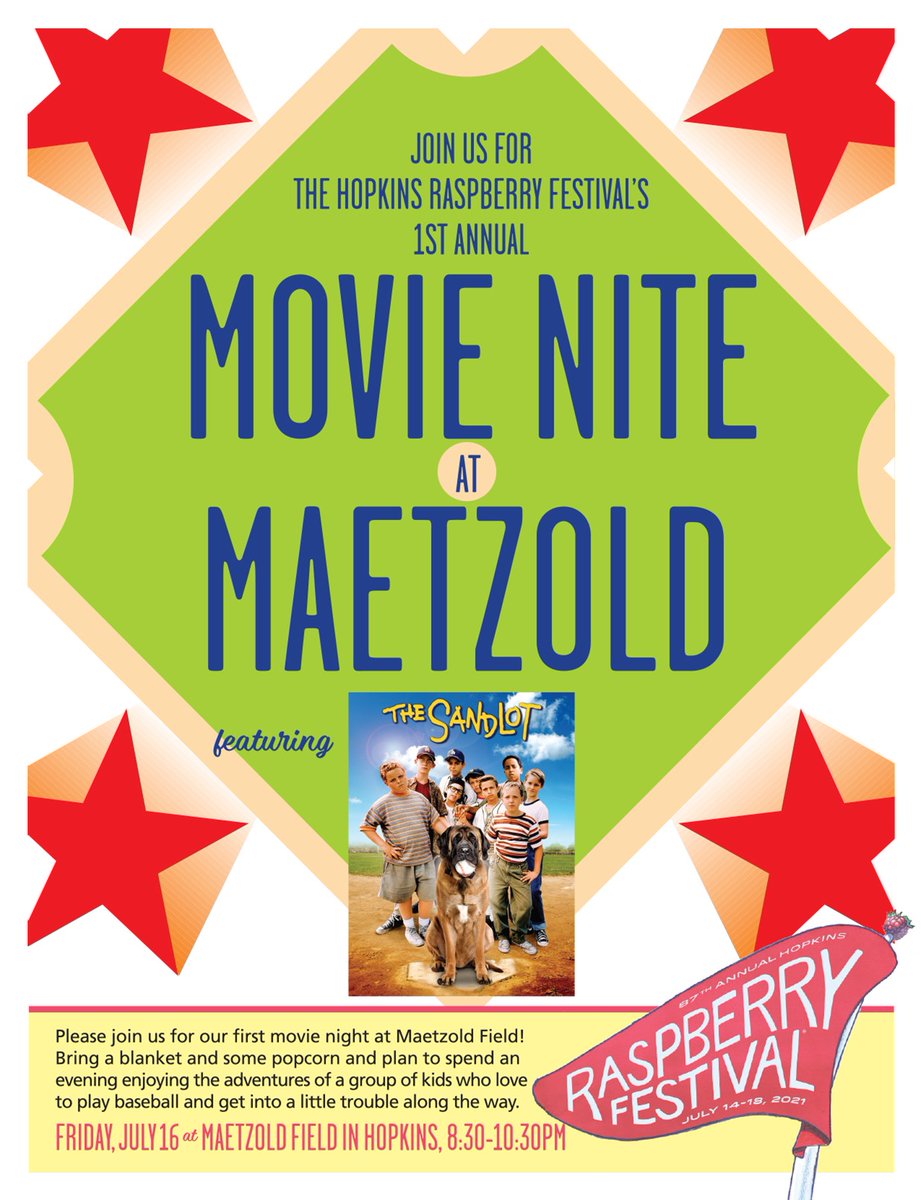 RaspberryFest's tweet image. Looking for something to do with the whole family tonight? Come to Movie Nite! Pack up your chairs and get settled for the 8:30pm screening of The Sandlot!

Visit our website: bit.ly/3xT4EEj for details. 

#Hopkins #RaspberryFestival #DayThree #MovieinthePark #TheSandlot