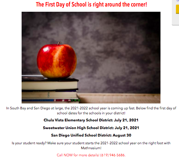 MathnasiumCV's tweet photo. The first day of school in the #southbay school districts is coming up quick!

Make sure your student is ready. Call NOW to schedule your FREE trial at Mathnasium of CV!

(619) 946-5686
https://t.co/4vul9YMXml

#sandiegounified #sweetwaterunionhighschooldistrict #bonita https://t.co/yL4gh3TWJ6