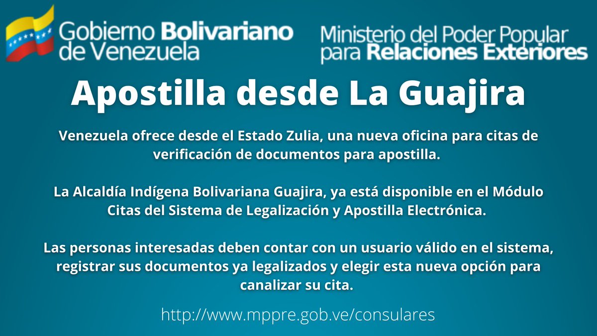 📢 #AHORA Venezuela ofrece desde el estado Zulia, una nueva oficina para citas de verificación de documentos para apostilla.

Visita nuestra página Informativa para despejar todas tus dudas. mppre.gob.ve/consulares 
.
.
#ConsularesVE #ApostillaVE #Apostilla #covid_19