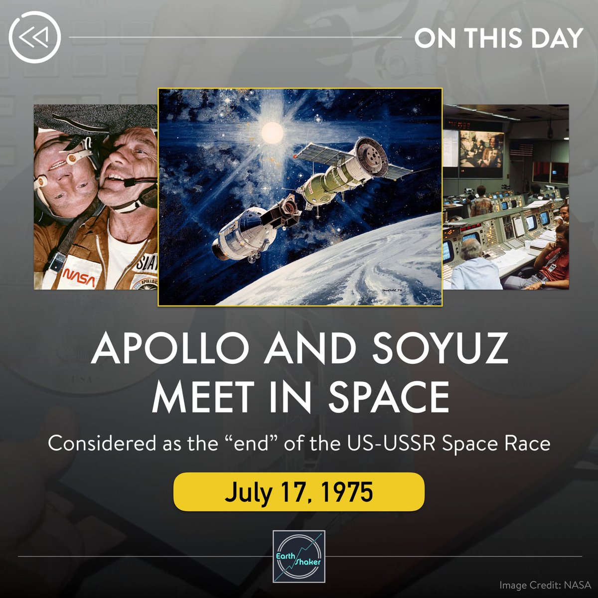 earthshakerph's tweet photo. #AstroOTD APOLLO AND SOYUZ MEET IN SPACE
On this day in 1975, the US Apollo astronauts and the USSR cosmonauts docked while in outer space - a moment considered as the end of the two countries' competitive "space race." https://t.co/i6eTyaqVRj