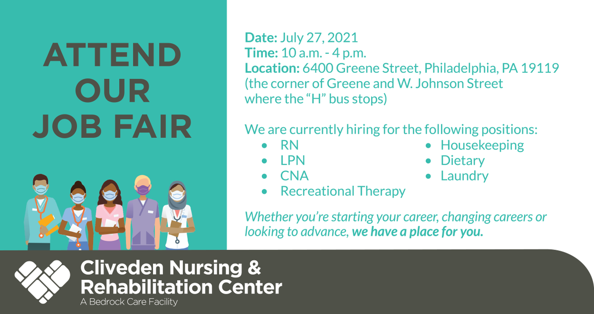 ClivedenNursing's tweet photo. At Cliveden, we want you to be successful. We offer continued education, training, career advancement, sign on bonuses and more. Mark your calendar &amp;  attend our job fair on Tuesday, July 27, from 10 a.m. - 4 p.m.

#JobFair #Careers #Nursing #CNA #Dietary #Housekeeping https://t.co/BqywnxnX62