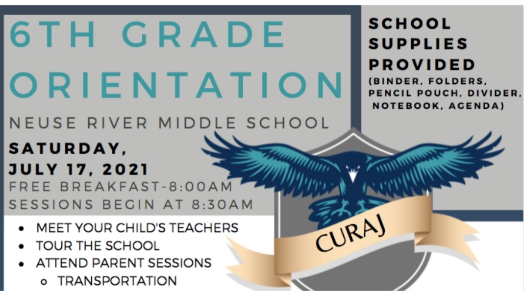 NeuseRiverMS's tweet photo. Don't forget that tomorrow is 6th Grade Orientation! We will see you bright and early at 8:00am! #NeuseRiverMS #6thGradeOrientation #RavensSoar 
#TheSkyWasNeverTheLimit https://t.co/POrSox7NTg
