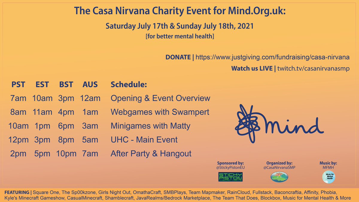 <a href="/EpicSwampai/">Epic Swampert 🏴󠁧󠁢󠁥󠁮󠁧󠁿</a> &amp; Matty will kick off the pre-game party with Codenames, Garticphone, Platform Power Remastered, <a href="/StickyPistonEU/">StickyPiston Hosting</a> Trial games all weekend before the UHC events for <a href="/MindCharity/">Mind</a>! Join us for the fun, everyone's invited!