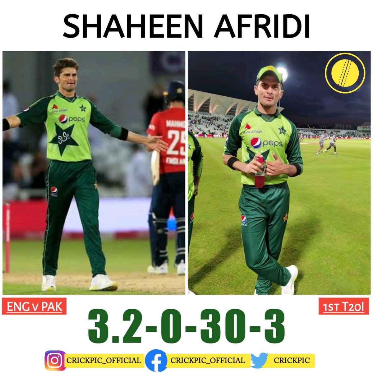 cric_pic's tweet photo. Another great spell by Shaheen Afridi he took 3 wickets in his 3.2 overs
#ShaheenAfridi #EngvPak #CrickPic https://t.co/VXxQvykR19