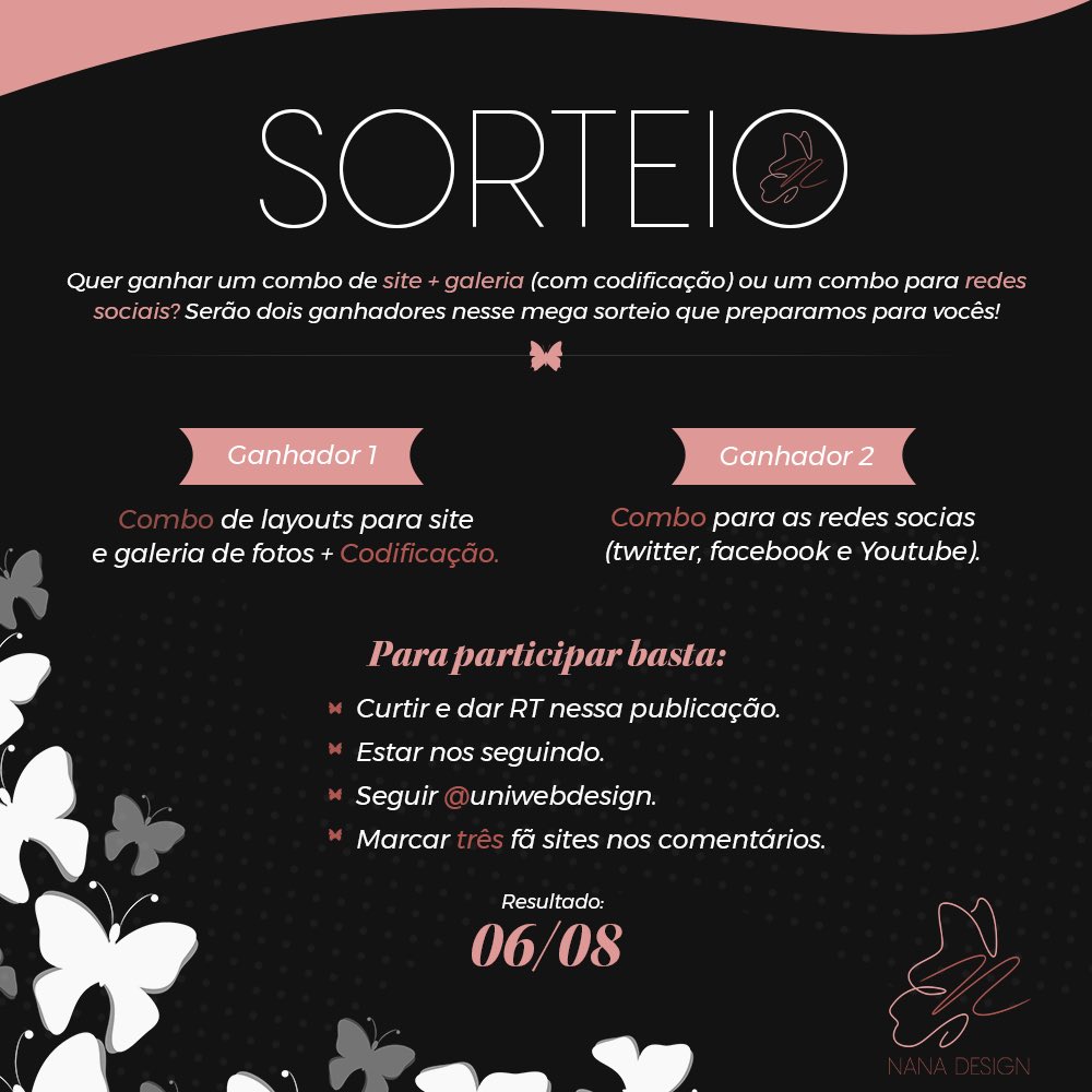 nanasdsgn's tweet image. SORTEIO🦋

•Site + Galeria de fotos e codificação. 
•Combo de redes socias. 

- Serão dois ganhadores! 
- Regras no banner.

Boa sorte, mores!🤍