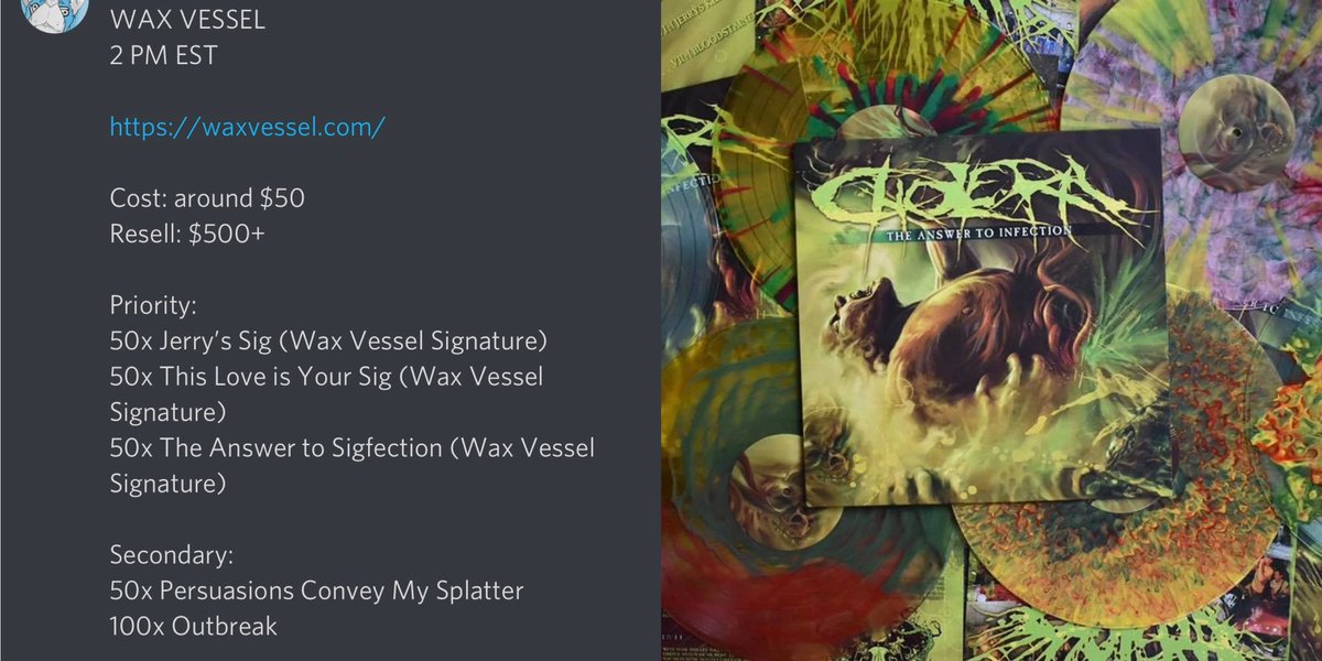 Drip_AIO's tweet photo. Wax Vesell records released a small batch of Cholera vinyls today. This 1 time pressing of “The Answer To Infection” was limited to 300 copies across 5 variants, and I can guarantee you that drip is the only group that went for this drop. 

Retail $50 —> Resell $500+ 💰

#dripaio https://t.co/Qd1cQfC6p8