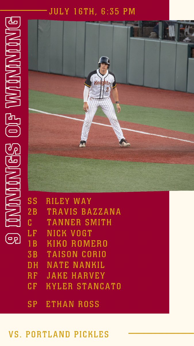 CorvKnights's tweet photo. Here is the starting lineup for game one of the rivalry series against @picklesbaseball! Come join us at Goss for 9 Innings of Winning presented by BuildMarker!
#GetSticky #GoKnights #CornValley https://t.co/iMOykDYw6Z