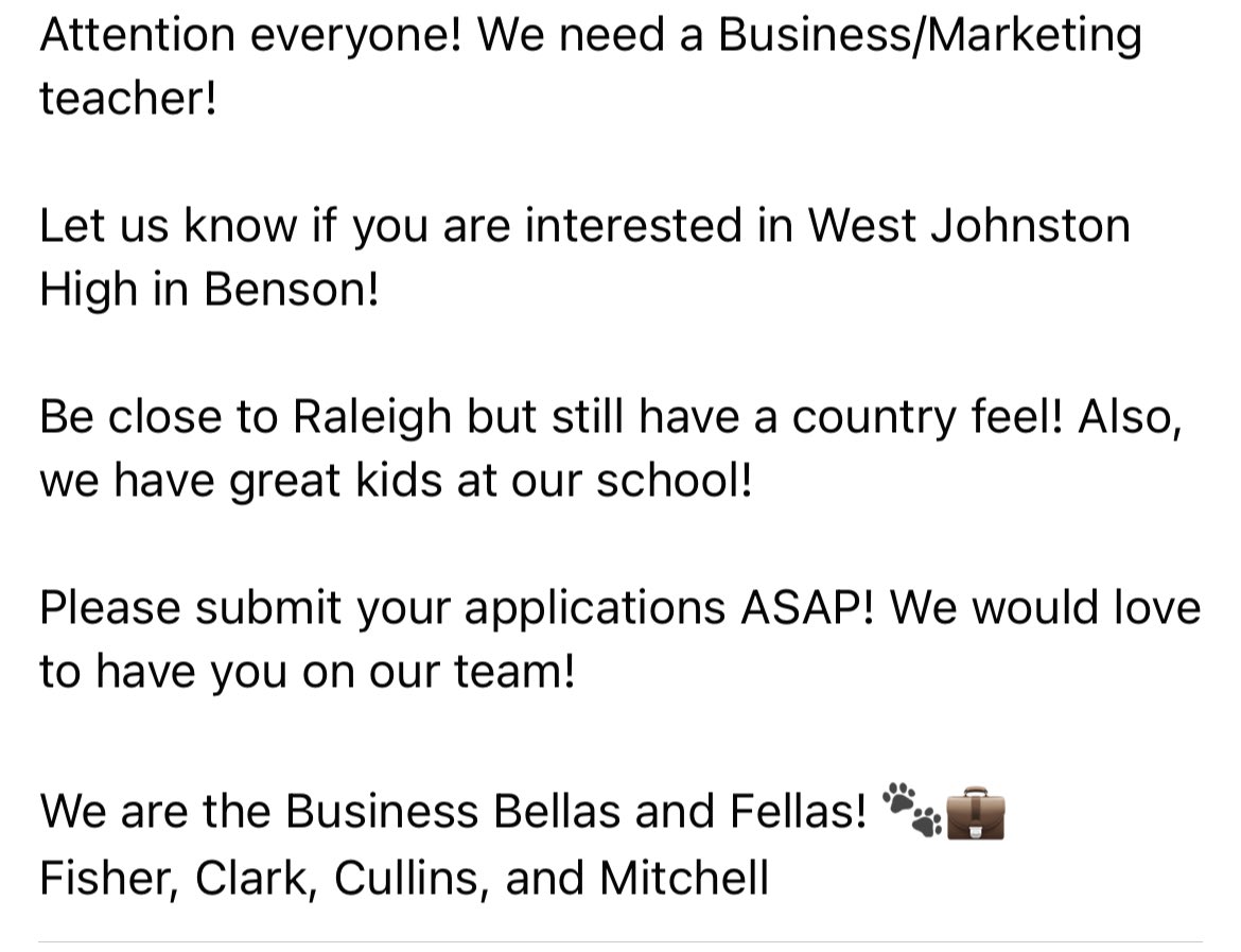 ATTENTION ALL BUSINESS/MARKETING TEACHERS! We need you!!!🐾<a href="/WjhsNc/">West Johnston High School</a> <a href="/WJHSCTE/">WJHS CTE</a>