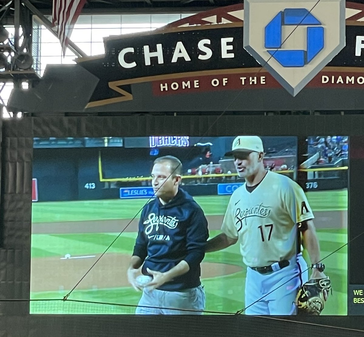 phxchamber's tweet photo. SO excited to see our former board member and future @baseballhall president @joshrawitch throw out the first pitch at tonight’s @Dbacks game! We 💙 you, Mr. President! Thank you for all of your contributions to #Phoenix, the #dbacks, and the chamber! https://t.co/oPZ9aQb039