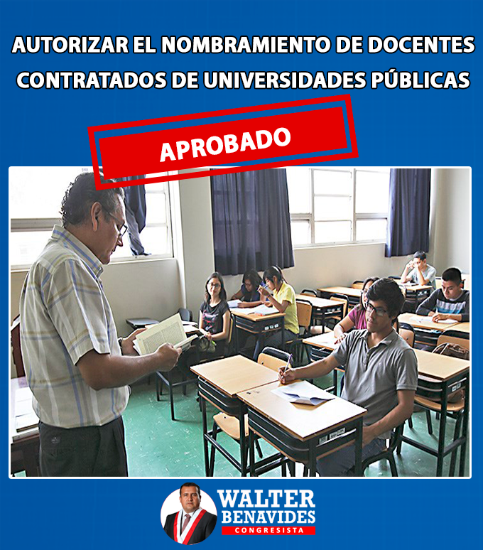 WCongresista's tweet photo. Aprobamos mi PL que autoriza nombramiento de docentes contratados de universidades públicas en la categoría de Auxiliar, en casos que se haya adjudicado una plaza por concurso público y cumplan con los requisitos en la Ley Universitaria para el ejercicio de la docencia. https://t.co/IWctIAVcAL