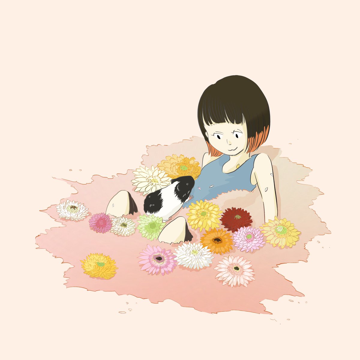 せりゆみ 10月12日の誕生花 ガーベラ イラスト Illustration 誕生花 モルモット 似顔絵