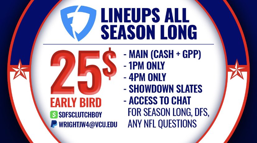 DFSClutchBoy's tweet image. ONE RTER WILL GET A FREE SEASON PACKAGE

$25 GETS YOU ALL LINEUPS ALL SEASON LONG

MAIN (CASH + GPP)
1 PM ONLY
4 PM ONLY
SHOWDOWN SLATES
ALL PLAYOFFS

CHAT ACCESS - DFS QUESTIONS, SEASON LONG QUESTIONS, START/SIT QUESTIONS, ANY NFL QUESTIONS

GO RT GO GO GO

LIMITED SPOTS