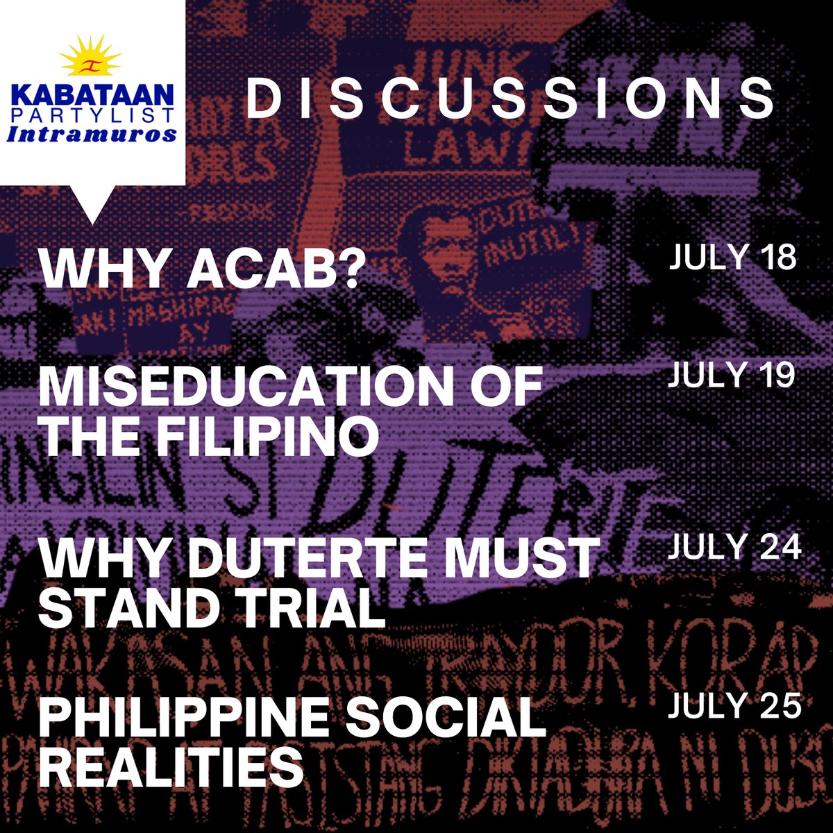 Samahan kami at alamin kung bakit dapat na panagutin si Duterte sa '𝗣𝗿𝗼𝘀𝗲𝗰𝘂𝗧𝗮𝗹𝗸: 𝗪𝗵𝘆 𝗺𝘂𝘀𝘁 𝗗𝘂𝘁𝗲𝗿𝘁𝗲 𝘀𝘁𝗮𝗻𝗱 𝘁𝗿𝗶𝗮𝗹?' series mula July 18 hanggang July 25

Sign up na sa link na ito!:  tinyurl.com/KPLProsecutalk

#EDTayoLek 
#ProsecuteDuterte
#DiscussPH