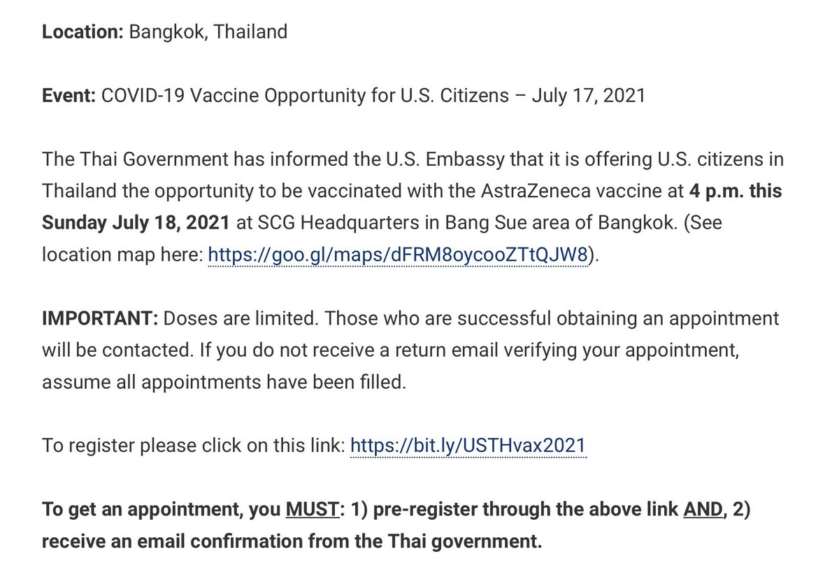 RichardBarrow's tweet image. Good news for American citizens in #Bangkok. The @USEmbassyBKK has just posted to say the Thai Government is offering U.S. citizens the opportunity to be vaccinated with the AstraZeneca vaccine at 4 p.m. on Sunday th.usembassy.gov/health-alert-c… Good luck! #Thailand