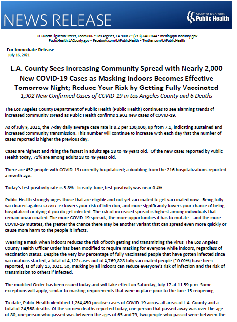 lapublichealth's tweet photo. L.A. County Sees Increasing Community Spread with Nearly 2,000 New COVID-19 Cases as Masking Indoors Becomes Effective Tomorrow Night; Reduce Your Risk by Getting Fully Vaccinated. 1,902 New Confirmed Cases and 6 Deaths . View https://t.co/BHK0SxbmVx https://t.co/ZygugfmQ1T